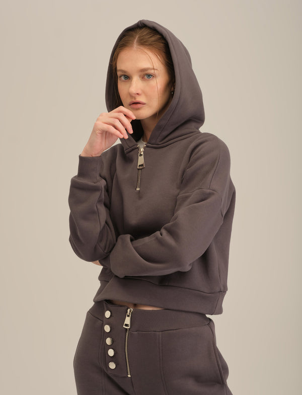 Sweat à capuche court avec zip - Gris foncé