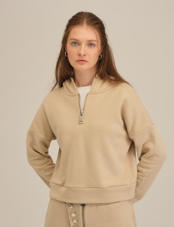 Sweat court zippé à capuche - beige