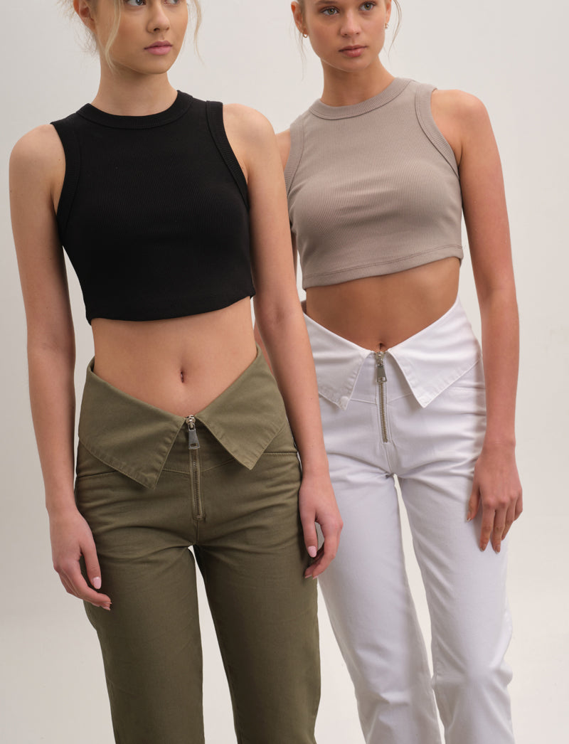 Slim Fit Trousers with Front Zip - Khaki