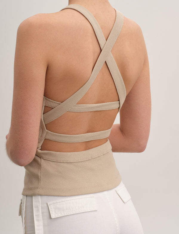 Ribbed Top with Back Straps - Beige
