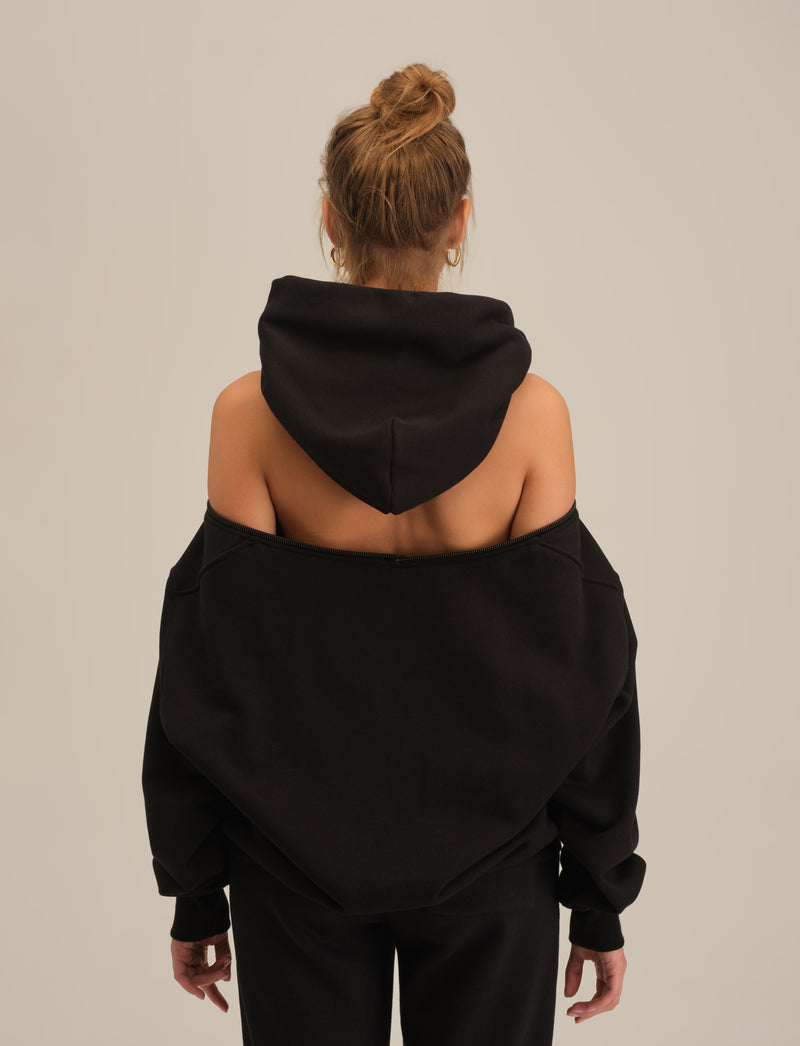 Oversized Hoodie with Back Zipper - Black