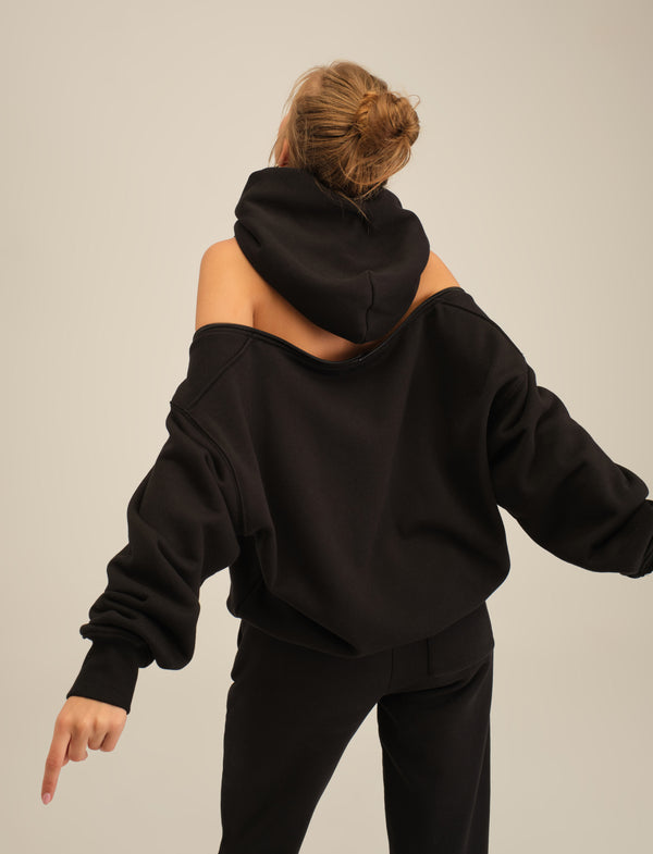 Oversized Hoodie with Back Zipper - Black