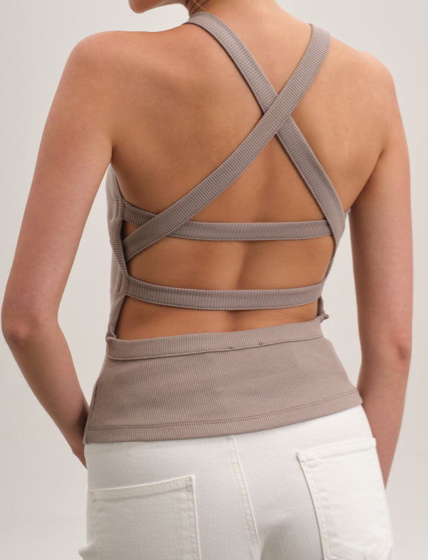 Ribbed Top with Back Straps - Tan