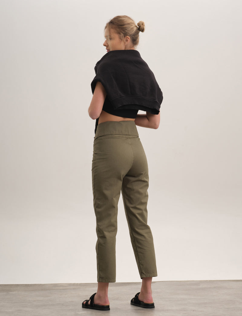 Slim Fit Trousers with Front Zip - Khaki