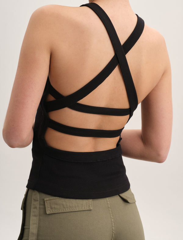 Ribbed Tank Top with Back Straps - Black